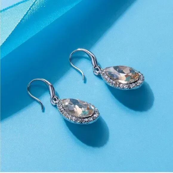 14K White Gold with Champagne Topaz Austrian Crystal Teardrop Halo Hook Earrings